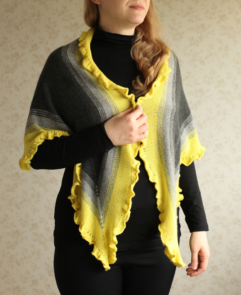 Crayon Fade shawl on the shoulders