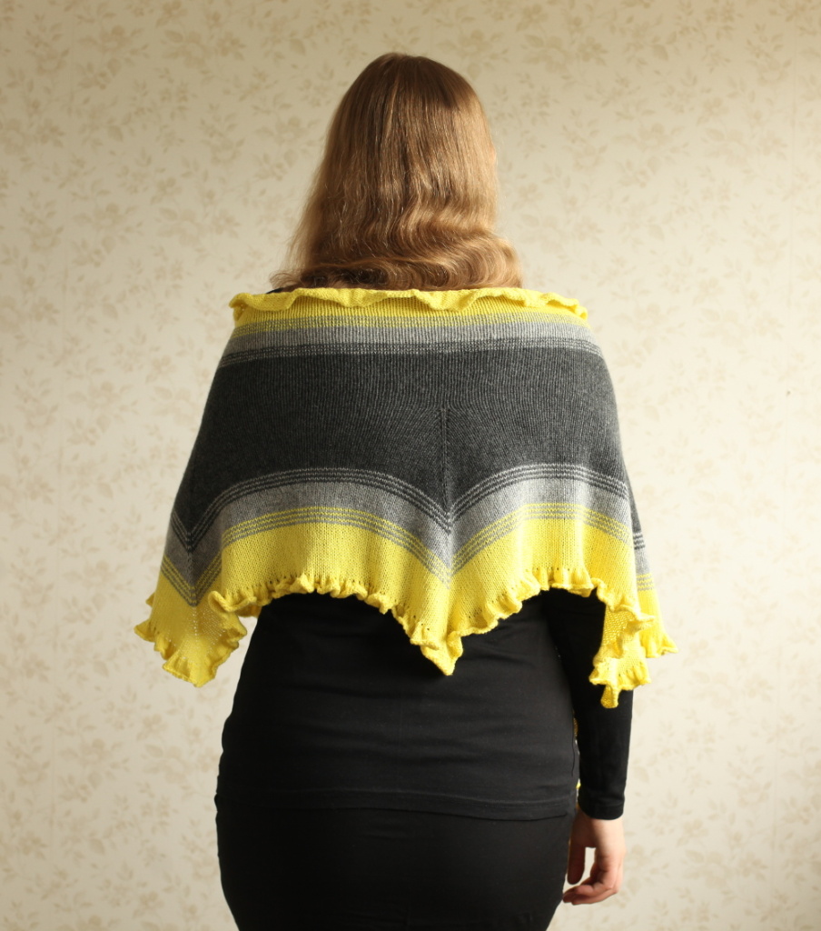 Crayon Fade shawl on the shoulders